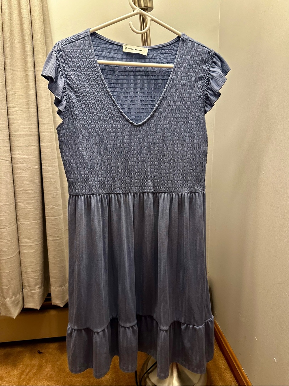 Lucky Brand Smocked Ruffle Mini Dress in Blue Size Large Like New